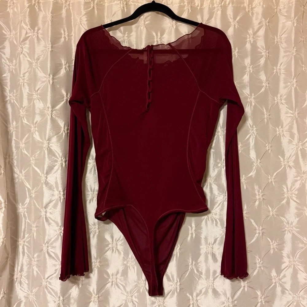 Free People Deep Red Ruched Long Sleeve Sheer Mesh Bodysuit Burgundy